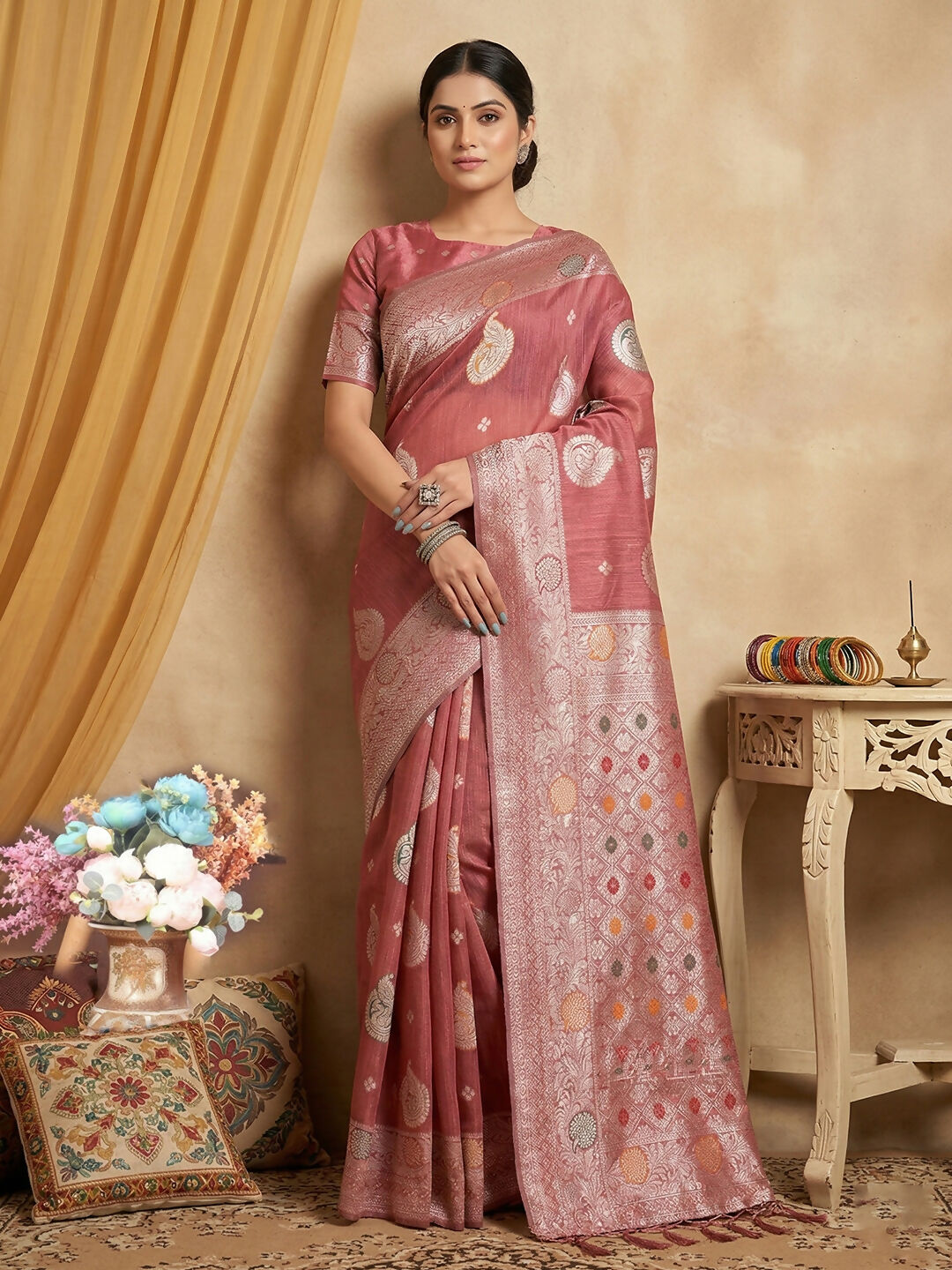 Shree Shyam Fashion Pink Linen Cotton Saree