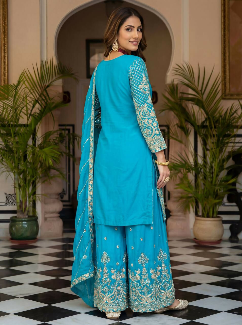 Teeya Creation Sky Chinon Silk Designer Wedding Wear Embroidery Work Palazzo