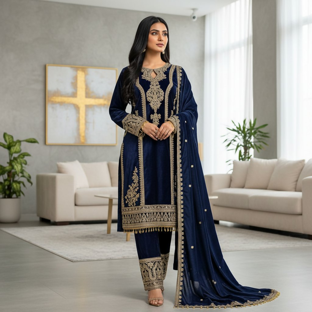 Joban Fashion Blue Kurta Set Velvet Embroidery Sequence Work