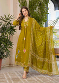 Jaimini Women Cotton Printed V-Neck 3/4 Sleeves Calf Length Flared Kurta Pant And Dupatta Set