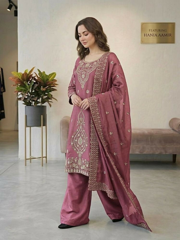 Teeya Creation Pink Color Gimmychu Silk Embroidery Work Wedding Wear Salwar Suit