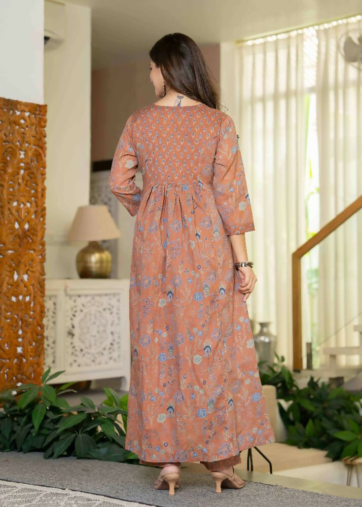 Jaimini Women Cotton Printed Round Neck 3/4 Sleeves Calf Length Flared Kurta Pant And Dupatta Set