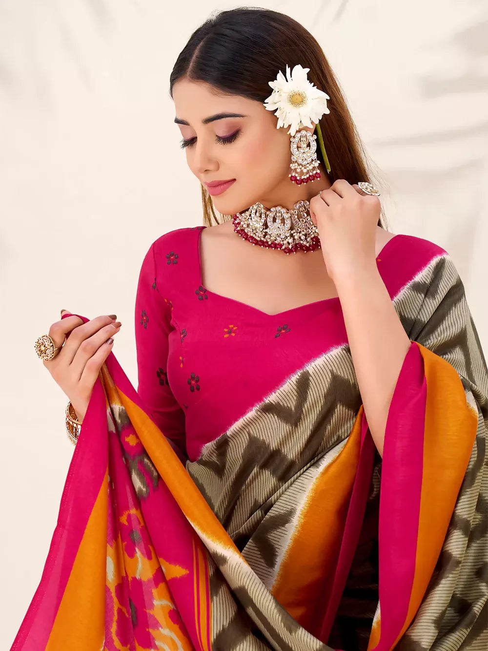 Vastranavya Mehendi Tussar Silk Zigzag Waves Printed Saree with Unstitched Blouse