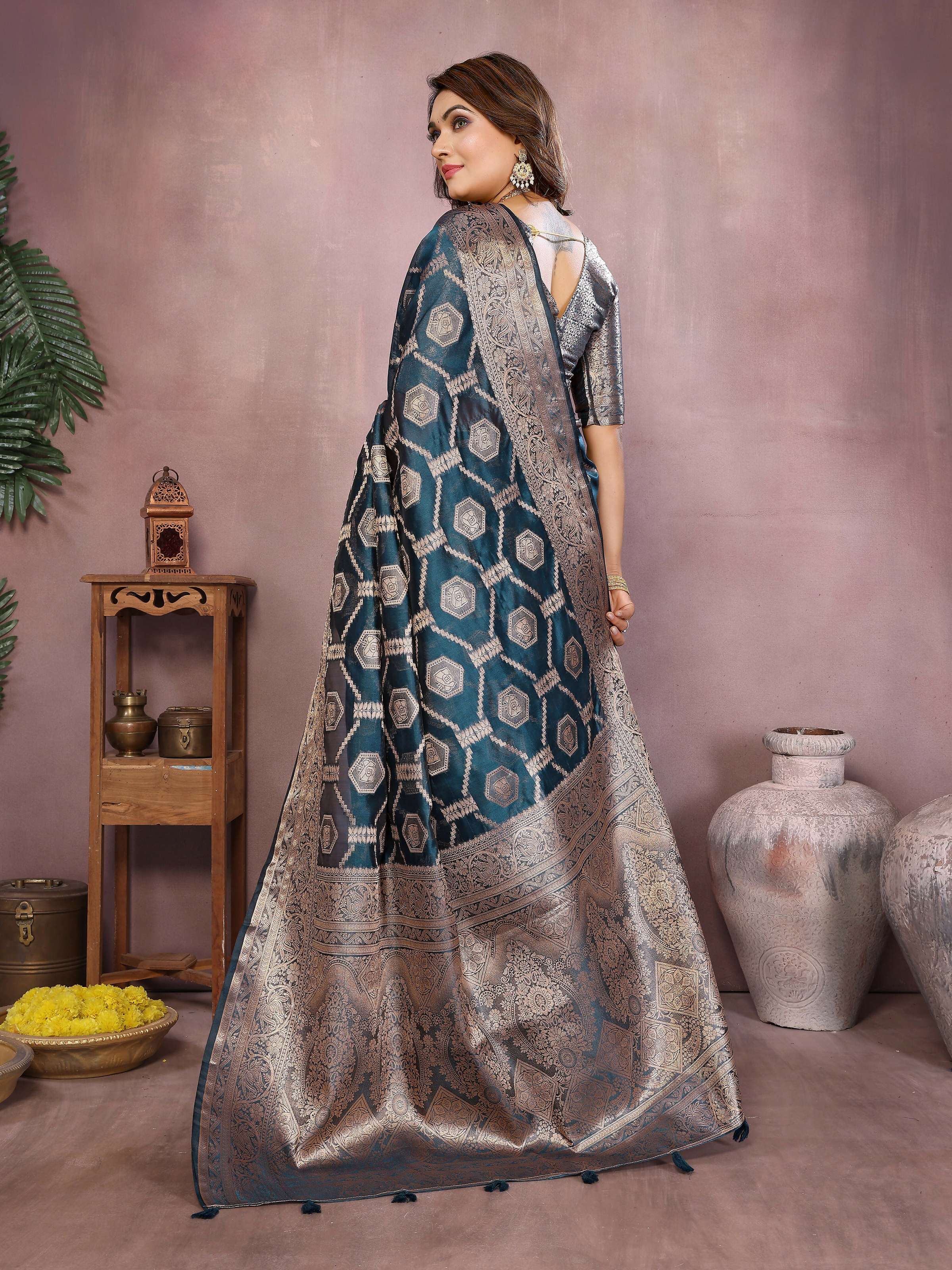 Aastha Fashion Teal Soft Organza Silk Weaving Saree
