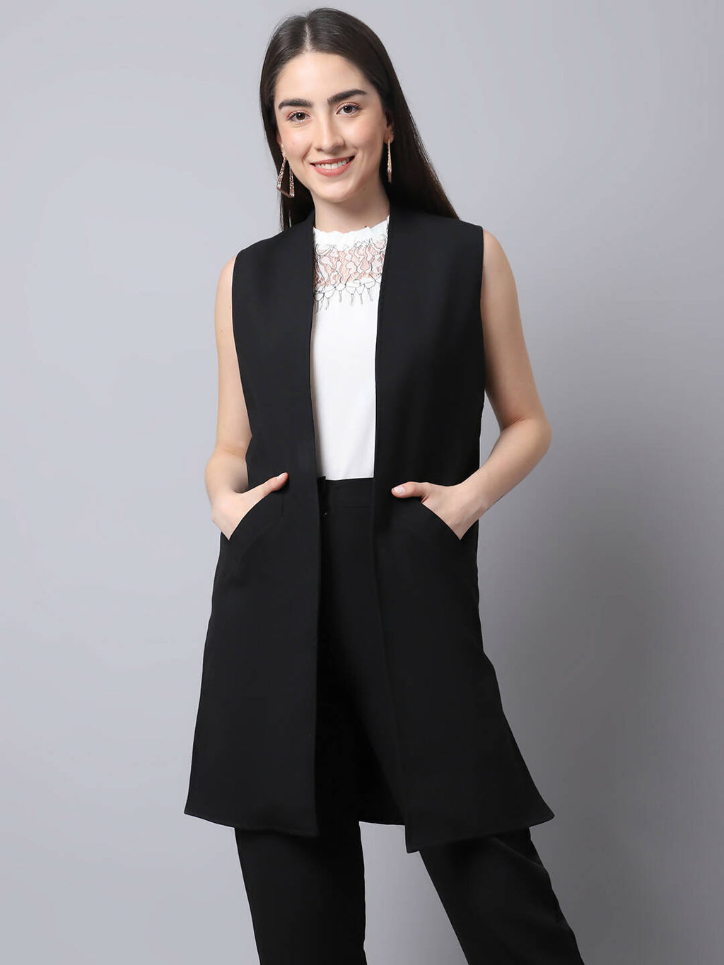 Even Apparels Black Polywool Open Front Women's Long Coat PW668