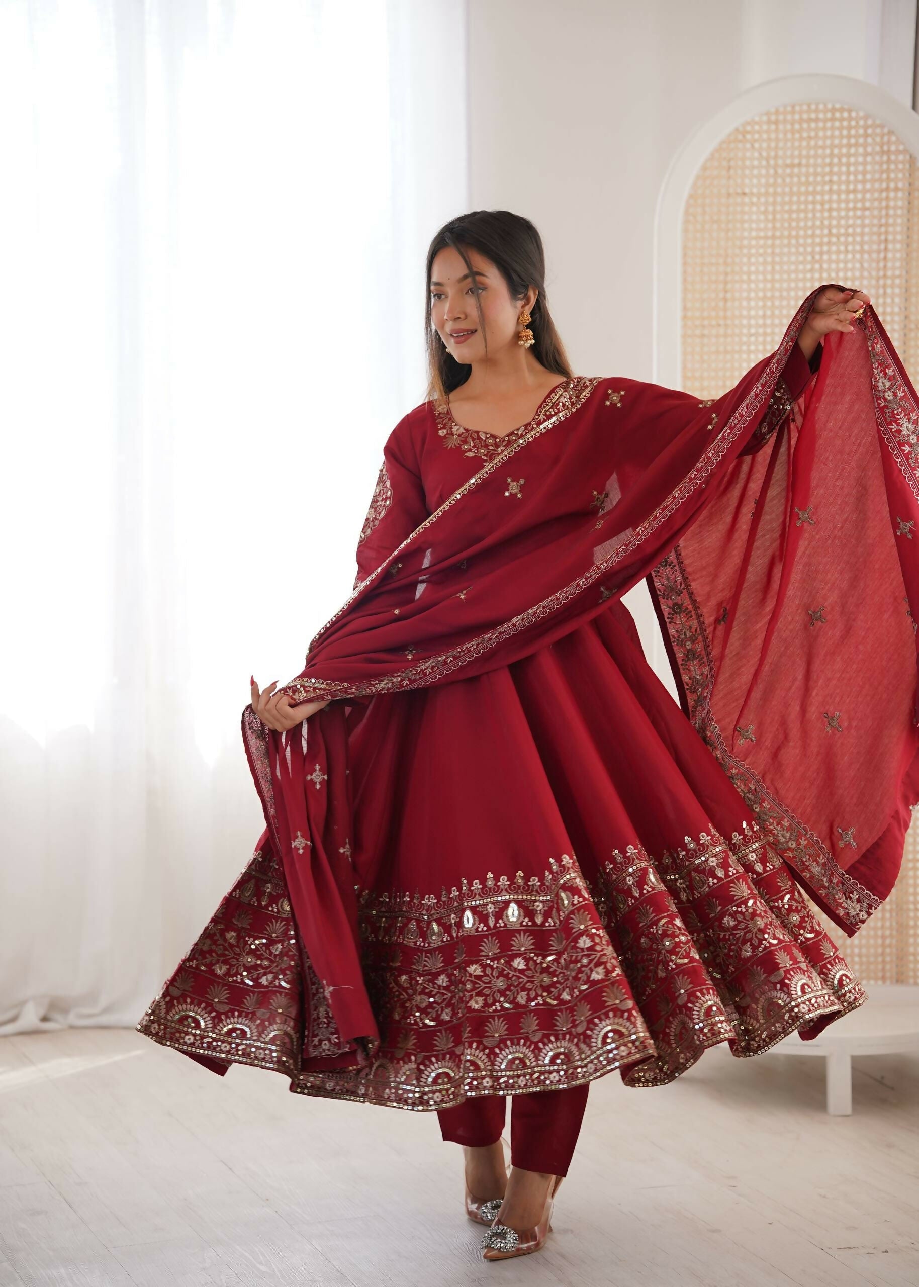 Teeya Creation Maroon Roman Silk Embroidery Work Party Wear Long Gown