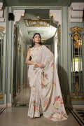 Vastranavya Off White Spectacular Georgette Printed with Pearl Lace Saree with Unstitched Blouse