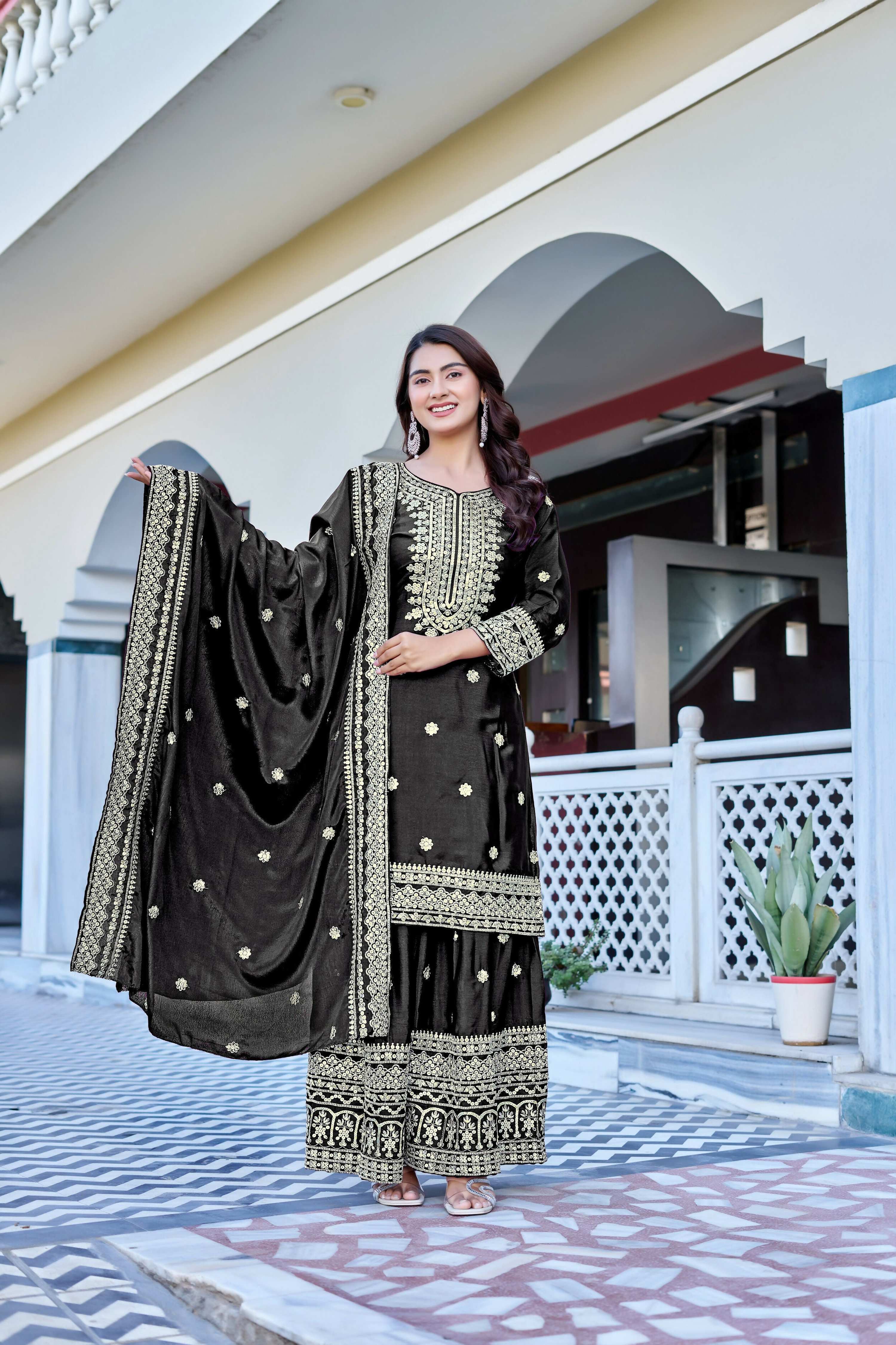 Teeya Creation Black Color Chinon Silk Heavy Embroidery Work Wedding Wear Sharara