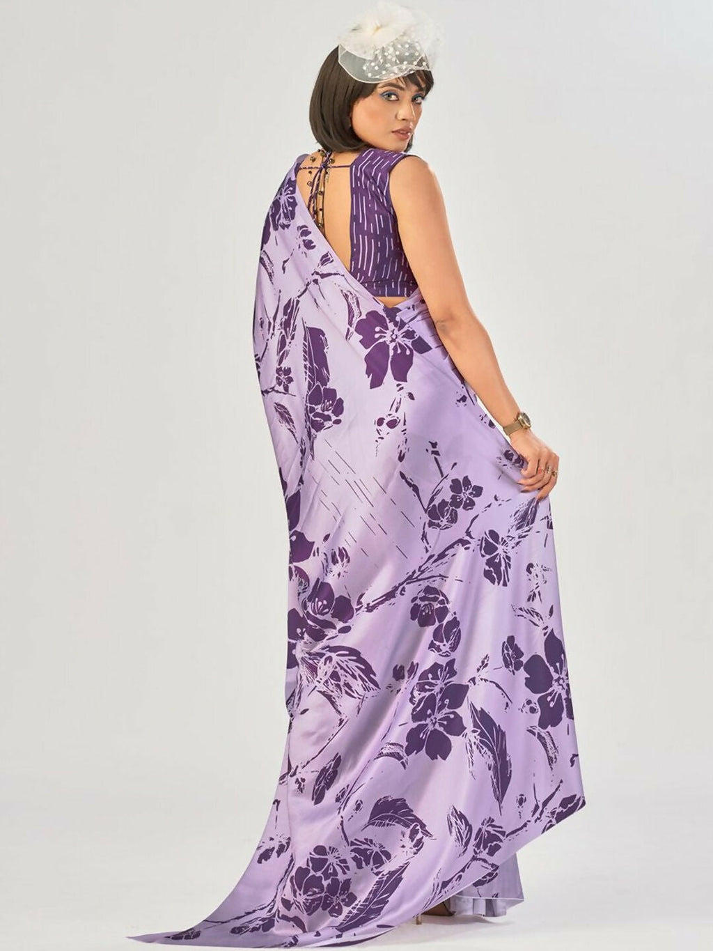 Vastranavya Lavender Satin Silk Elegant Printed Saree with Unstitched Blouse