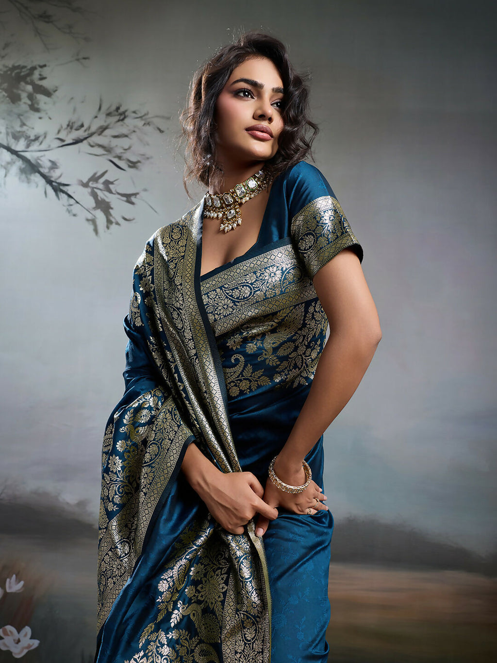 Shree Shyam Fashion Navy Blue Silk Blend Saree