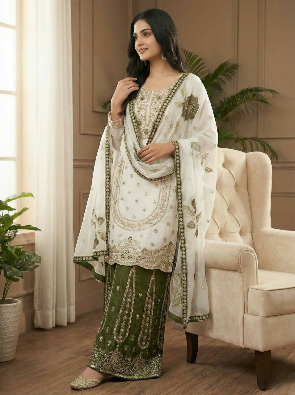 Teeya Creation Green Gimmy Silk Designer Embroidery Work Wedding Wear Palazzo Pair