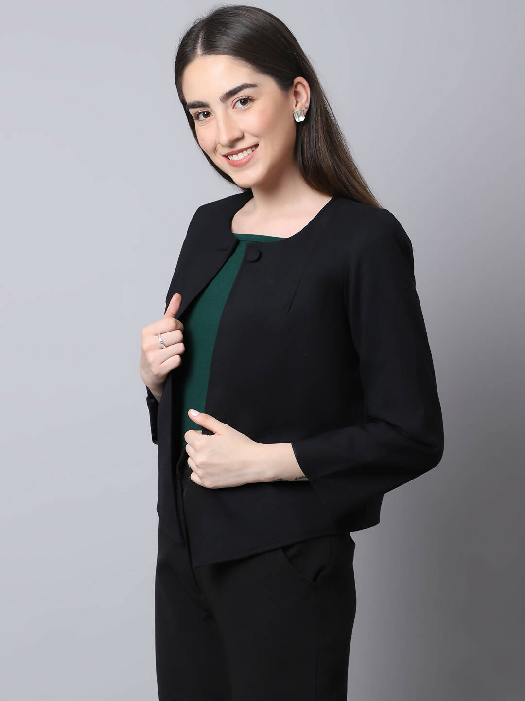 Even Apparels Black Polywool Open Front Statement Women's Jacket