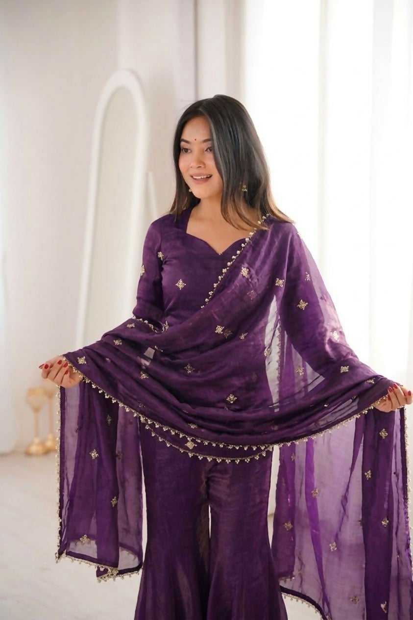 Teeya Creation New Womens Trendy Embroidery Sequence Work Purple Kurta Set