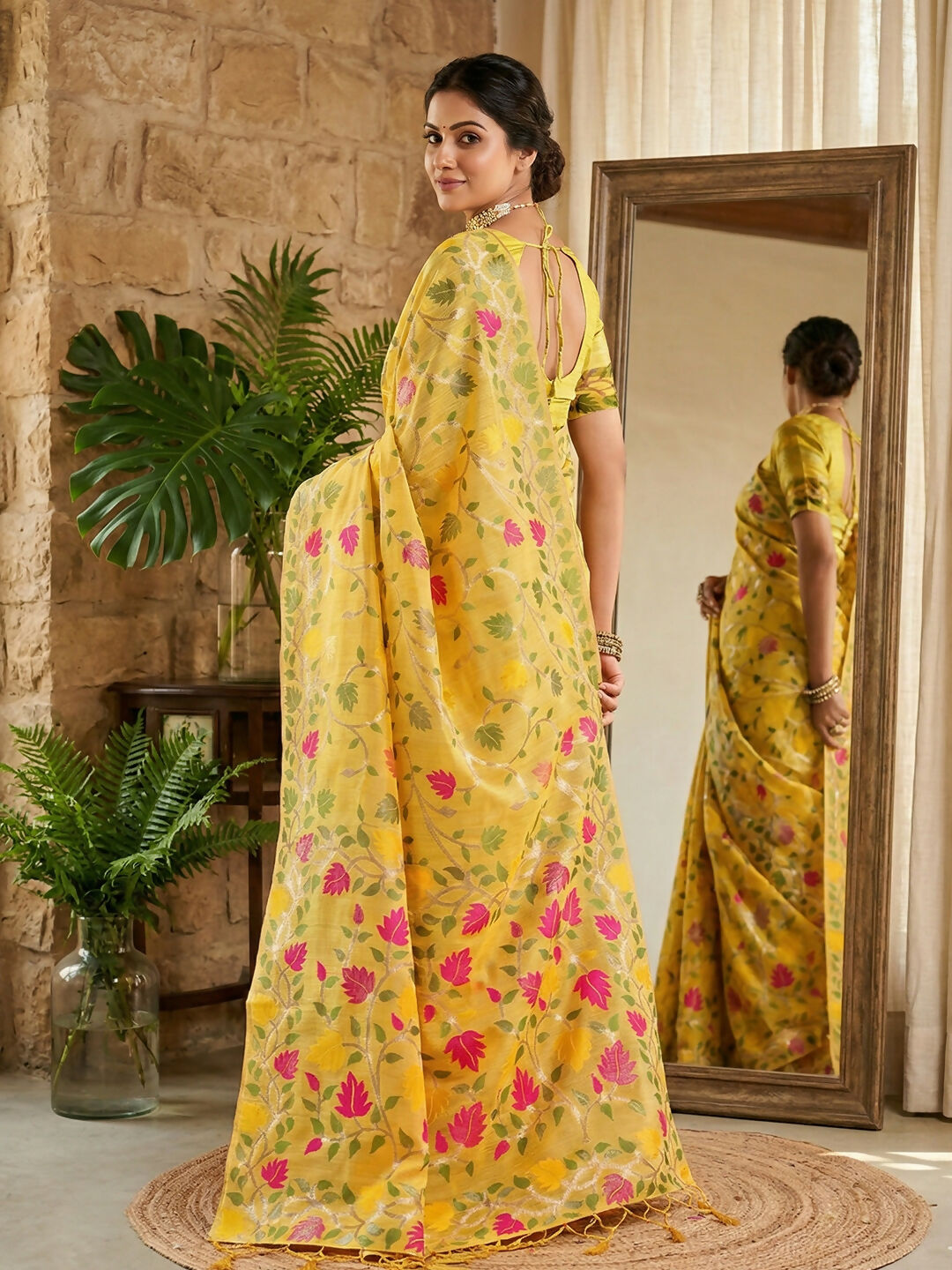 Shree Shyam Fashion Yellow Linen Cotton Saree