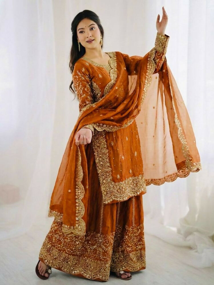 Teeya Creation Orange Color Fendy Silk Embroidery Work Wedding Wear Salwar Suit