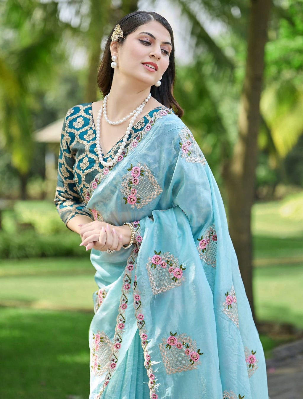 Teeya Creation Sky Color Pure Paper Silk Heavy Embroidery Work Wedding Wear Saree