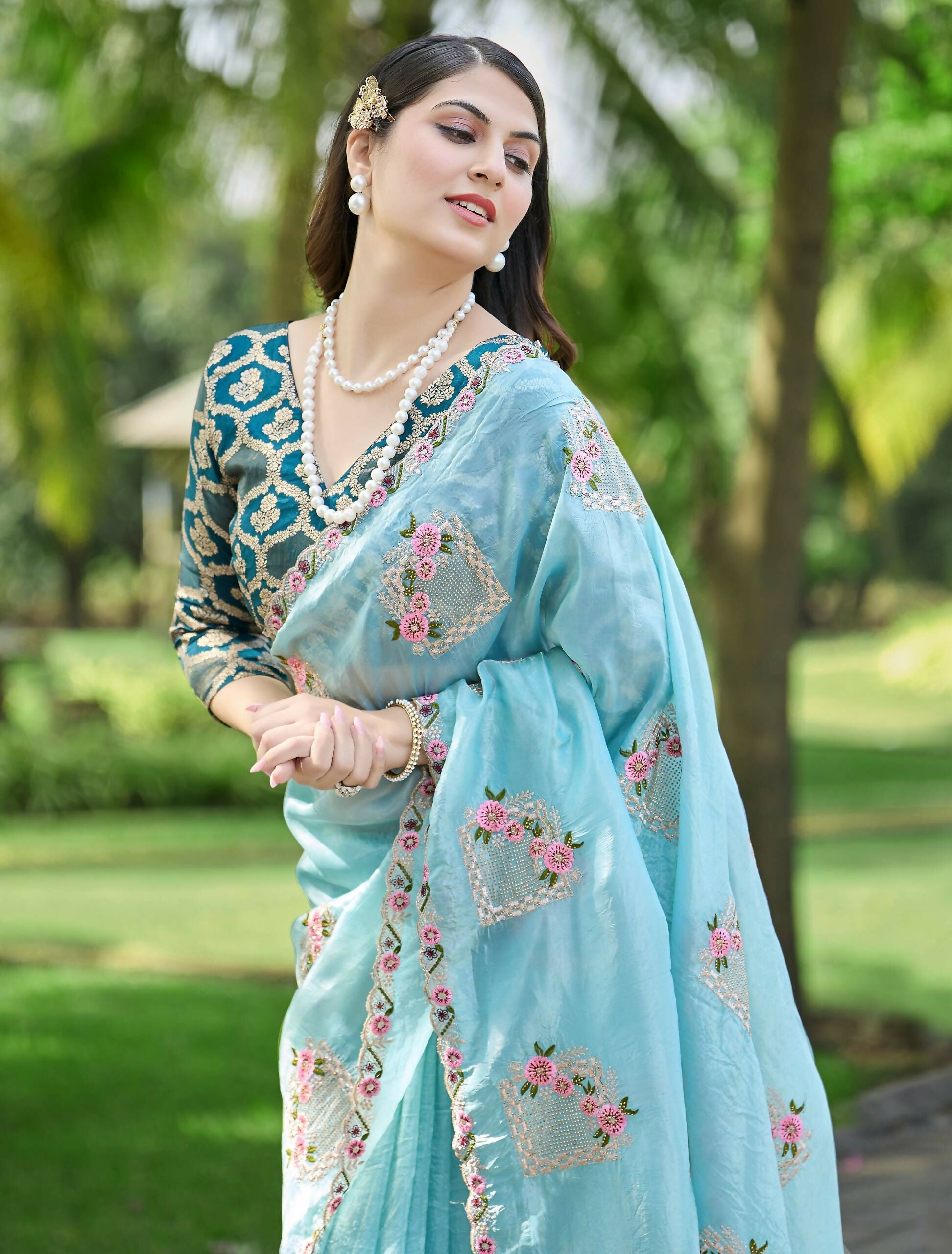 Teeya Creation Sky Color Pure Paper Silk Heavy Embroidery Work Wedding Wear Saree