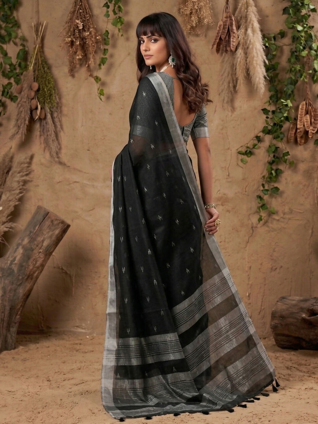 Shree Shyam Fashion Black Linen Cotton Saree