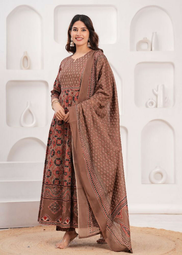 Jaimini Women Cotton Printed Round Neck Calf Length Flared Kurta Pant And Dupatta Set