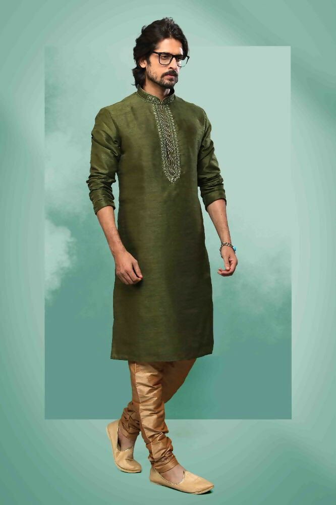 Raivat Ethnic Art Silk Mirror Embroidery Work Kurta Pajama In Green Colour