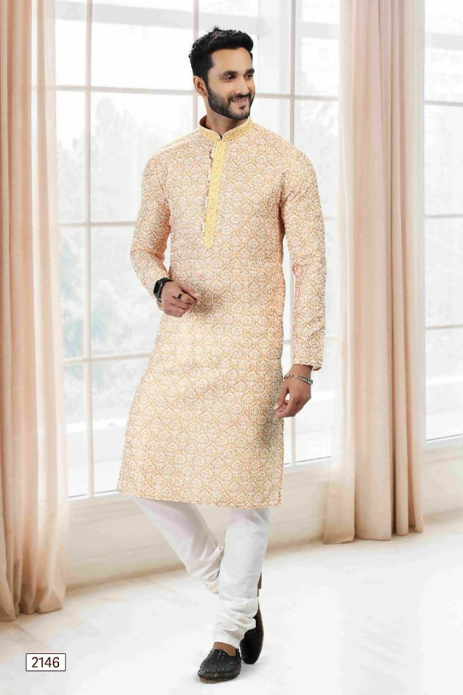 Raivat Ethnic Cotton Thread Work Kurta Pajama In Yellow Colour