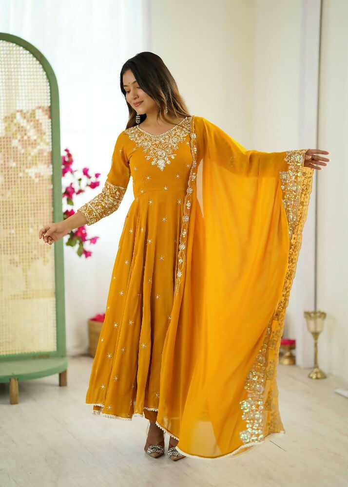 Teeya Creation Yellow Color Faux georgette Embroidery Work Wedding Wear Gown