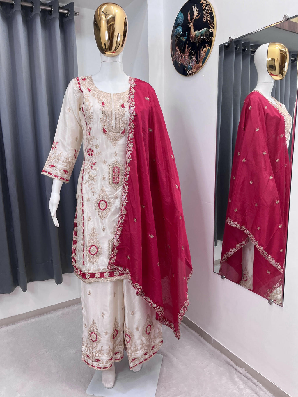 Teeya Creation White Color Chinon Silk Party Wear Trending Palazzo Set