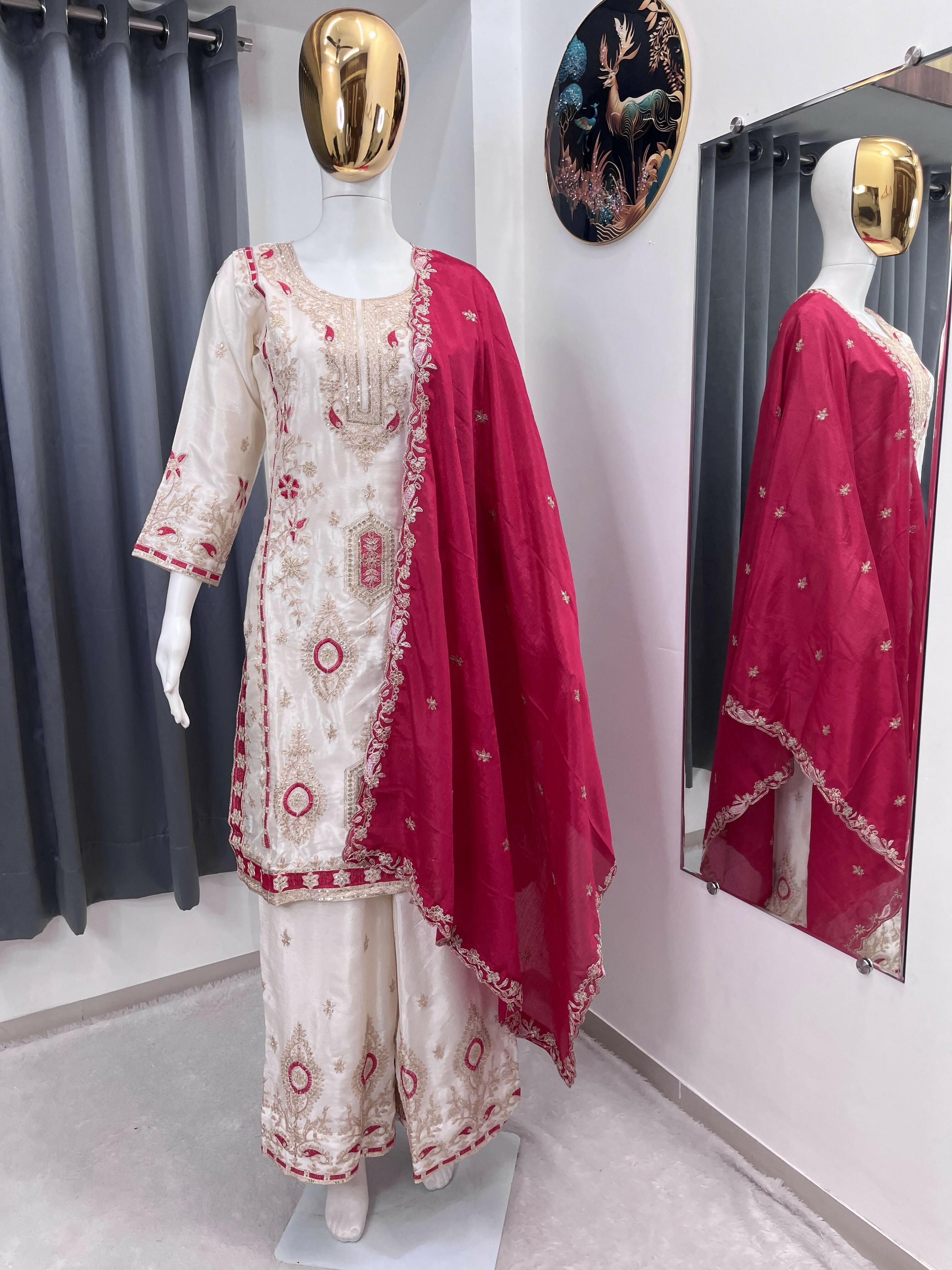 Teeya Creation White Color Chinon Silk Party Wear Trending Palazzo Set