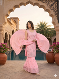 Teeya Creation Womens New Designer Georgette Pink Embroidered Sharara Set With Sequence Work And Lace Border Dupatta