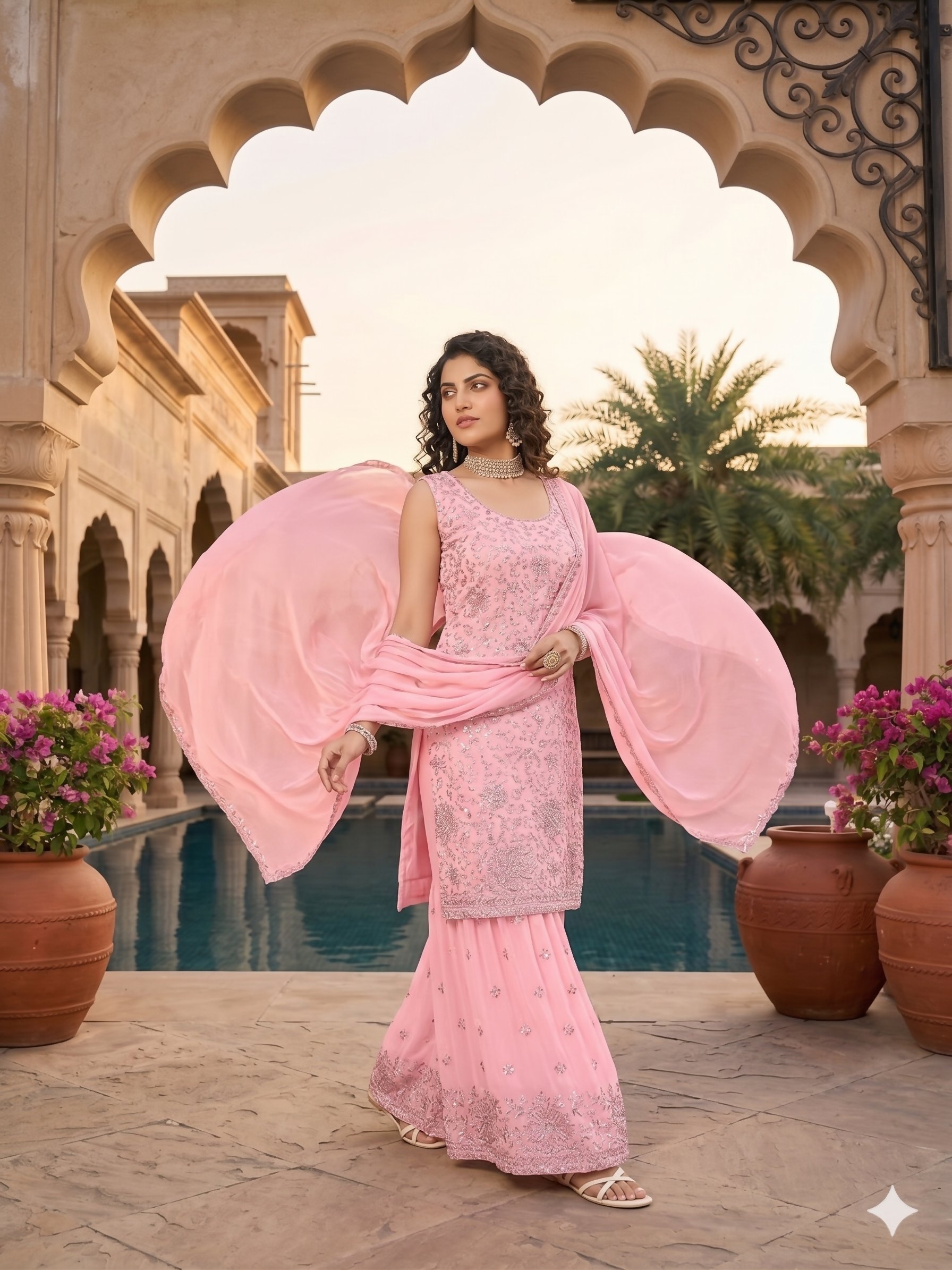 Teeya Creation Womens New Designer Georgette Pink Embroidered Sharara Set With Sequence Work And Lace Border Dupatta