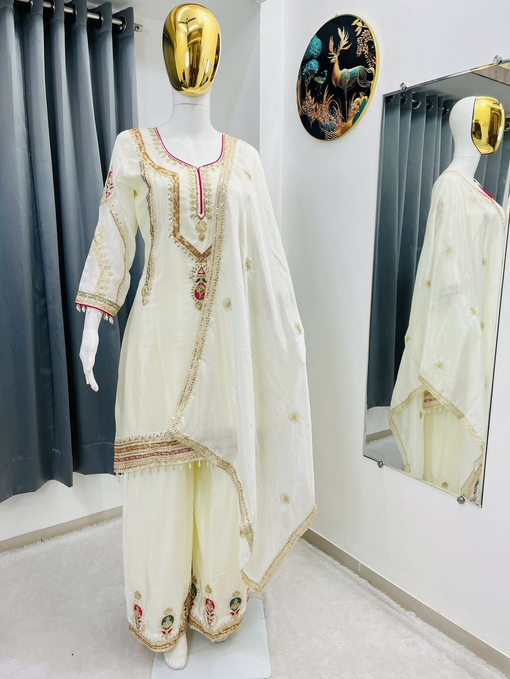 Teeya Creation Cream Color Chinon Silk Party Wear Trending Palazzo Set
