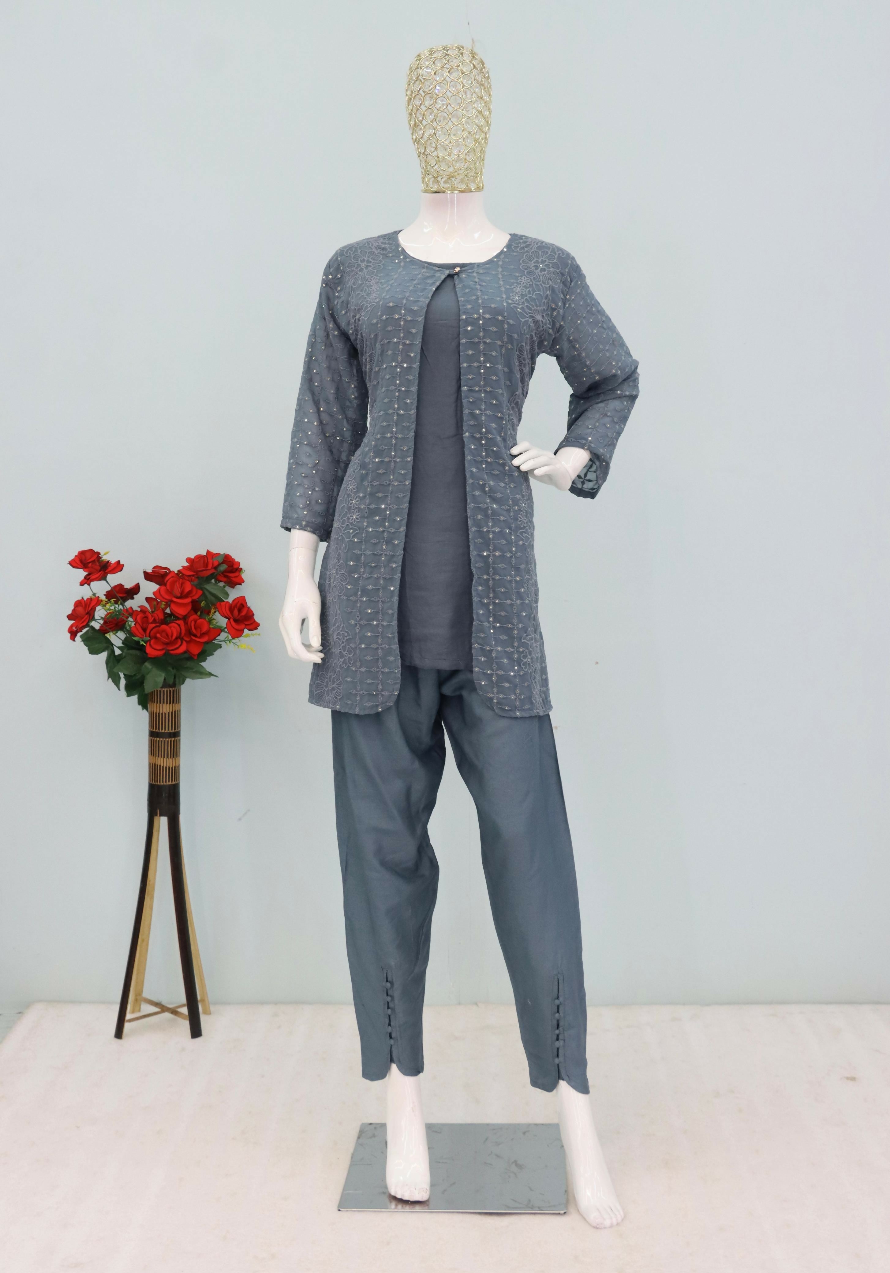 Anaita Grey Faux Georgette Readymade 2 Piece Set with Embroidery Work