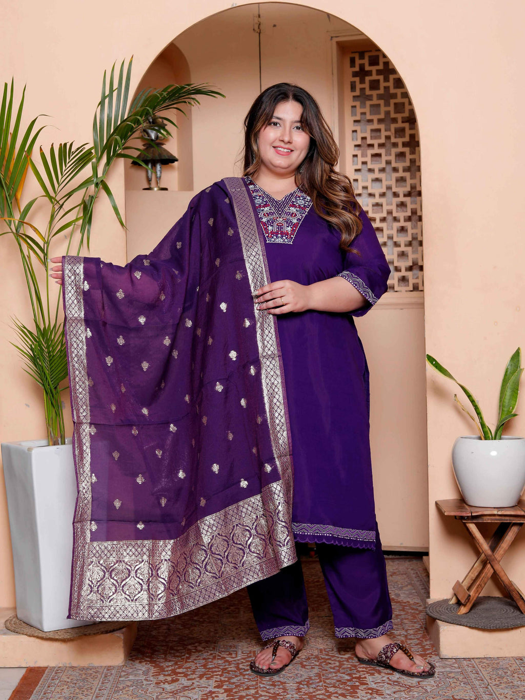 Miravan Women's Plus Size Purple Muslin Straight kurta and palazzo with dupatta Suit set