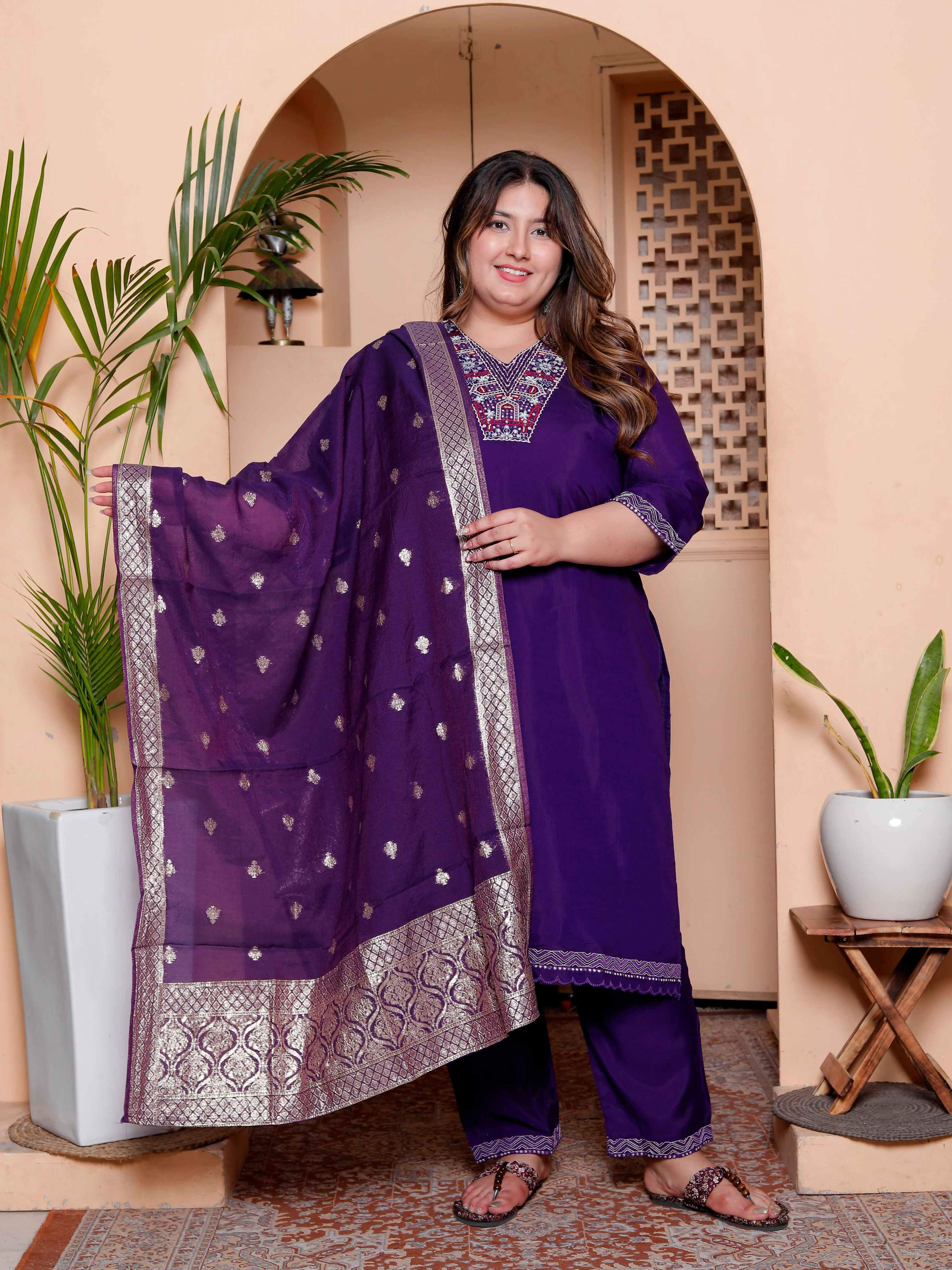 Miravan Women's Plus Size Purple Muslin Straight kurta and palazzo with dupatta Suit set