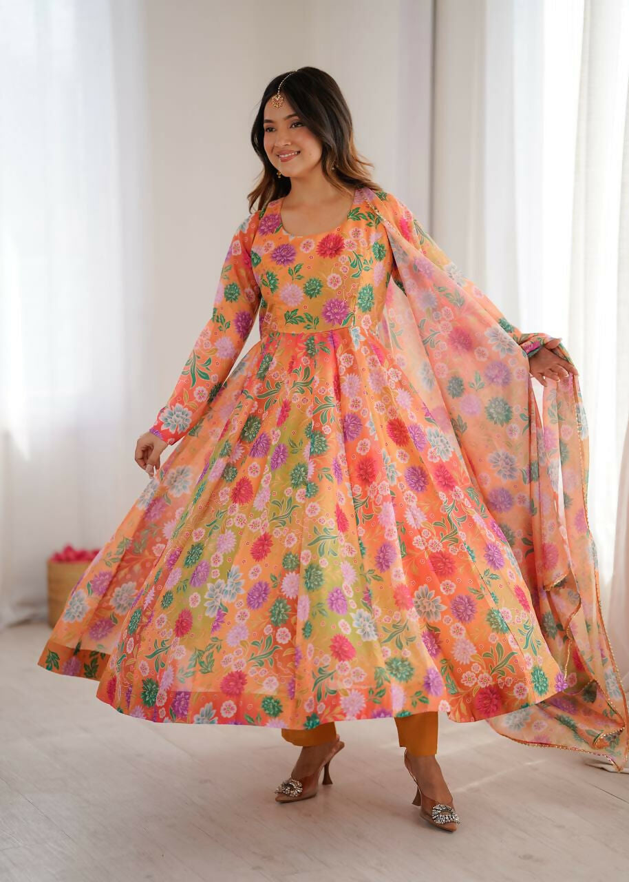 Teeya Creation Orange Soft Organza Digital Printed Party Wear Long Gown