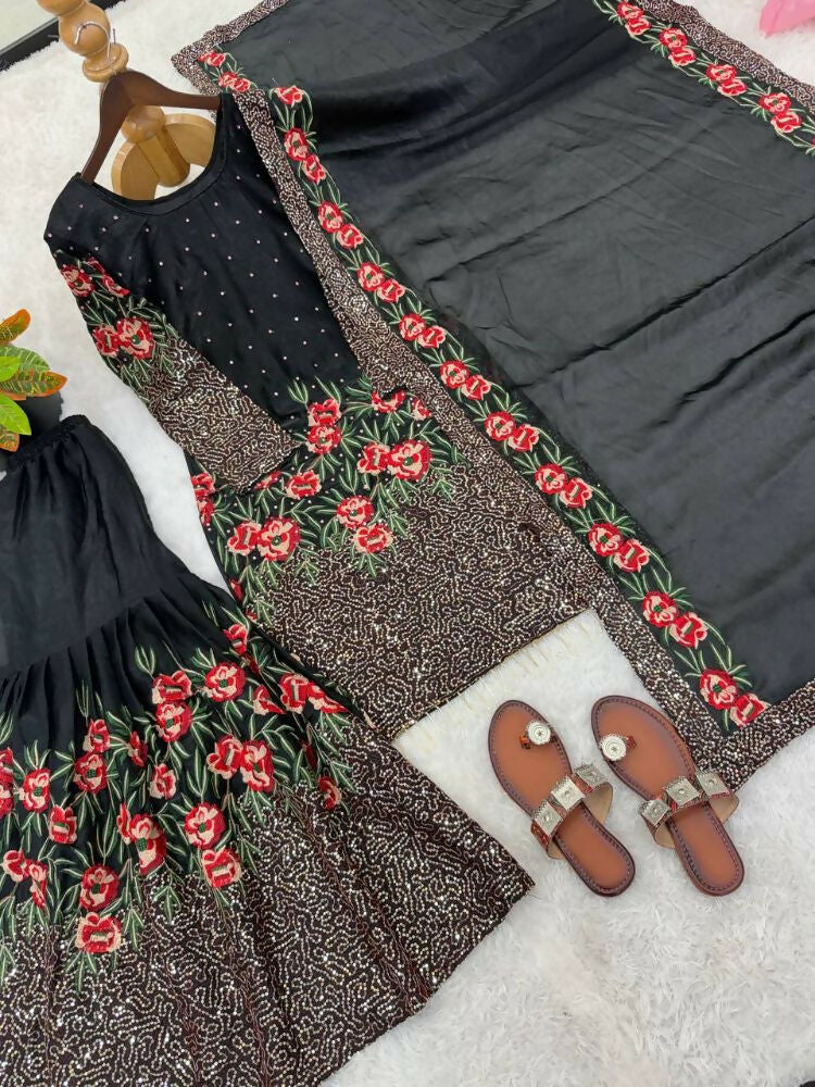 Teeya Creation Black Fendy Silk Heavy Embroidery Work Party Wear Sharara Suit