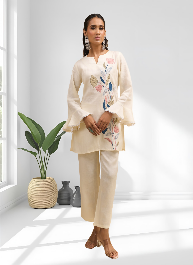 Joban Fashion Cream Linen Embroidered Readymade Cord Set