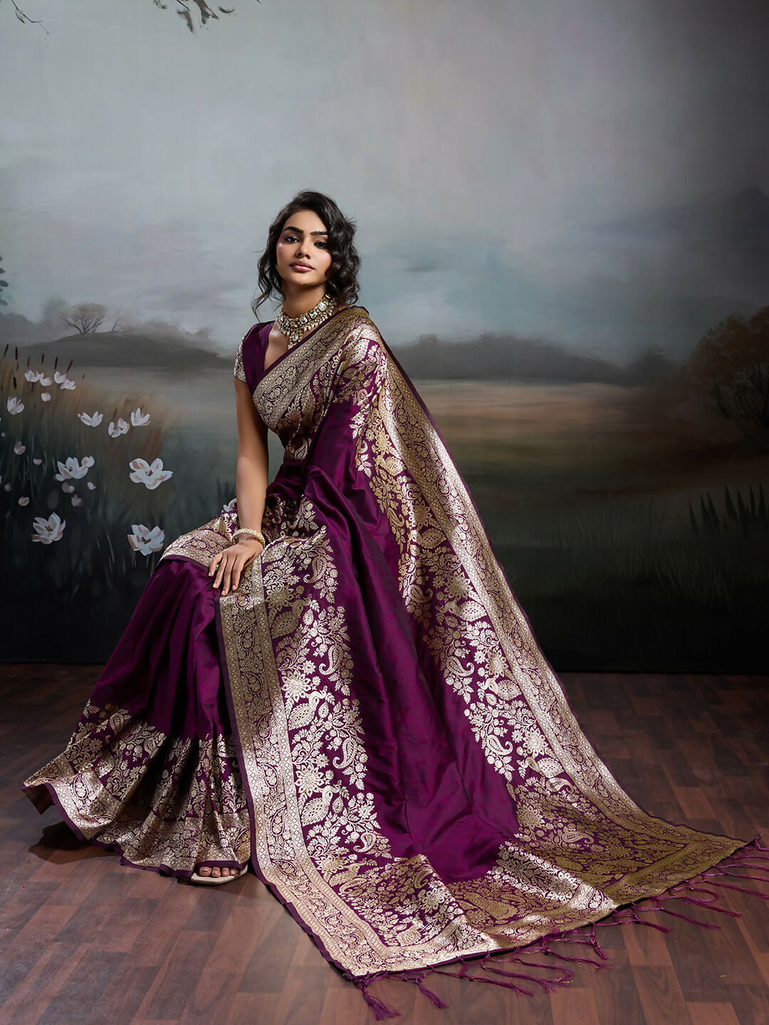 Shree Shyam Fashion Wine Silk Blend Saree