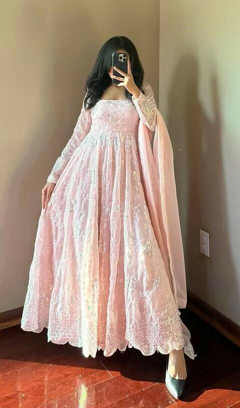 Teeya Creation Light Peach Color Faux Georgette Long Party Wear Gown