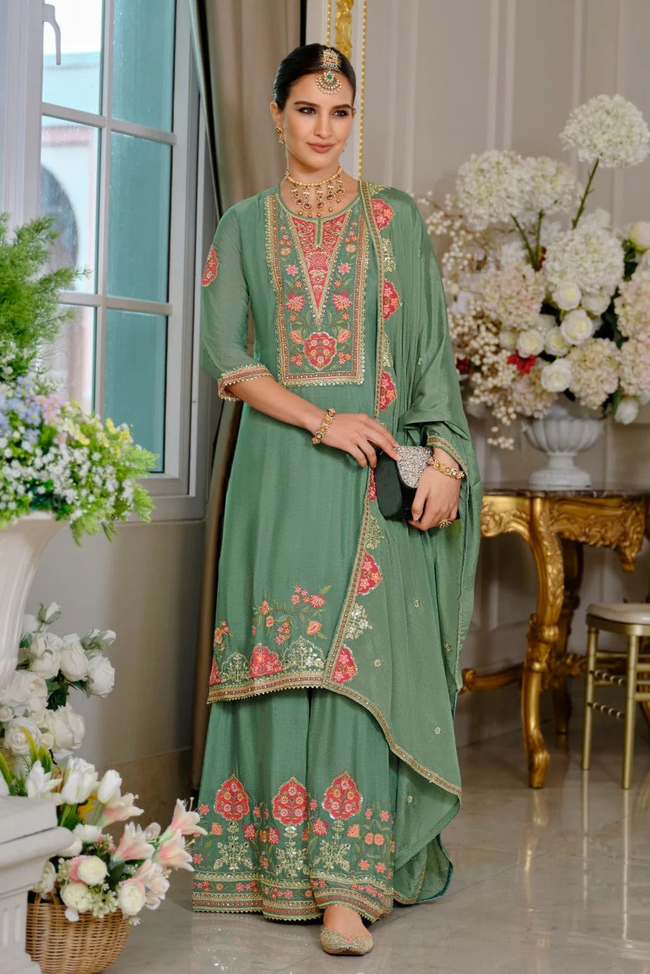 Evanik Luxury Wedding Sea Green Embroidered Kurta Palazzo Set