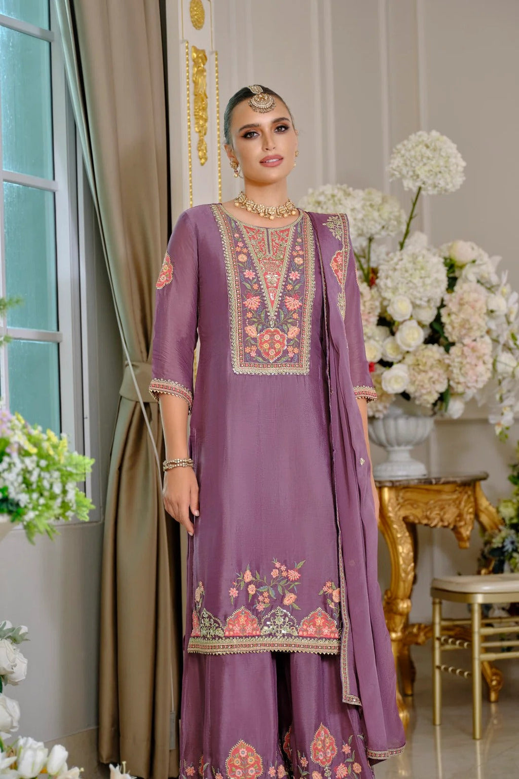 Evanik Luxury Wedding Lavender Embroidered Kurta Palazzo Set