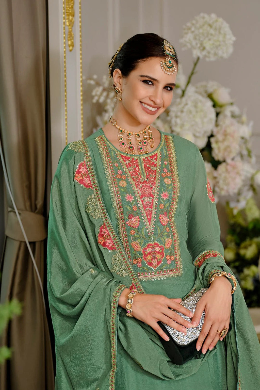 Evanik Luxury Wedding Sea Green Embroidered Kurta Palazzo Set