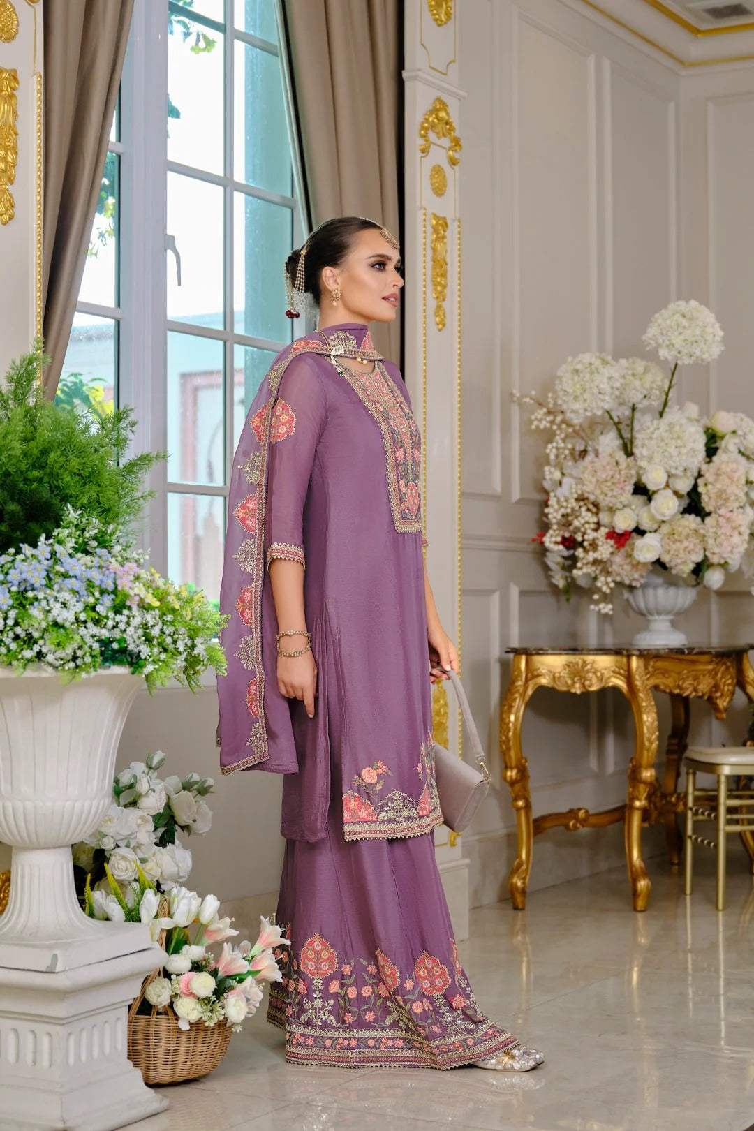 Evanik Luxury Wedding Lavender Embroidered Kurta Palazzo Set