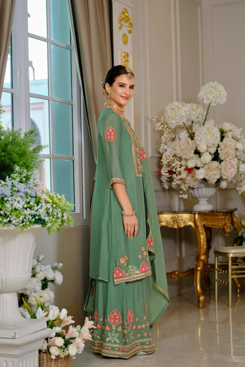 Evanik Luxury Wedding Sea Green Embroidered Kurta Palazzo Set