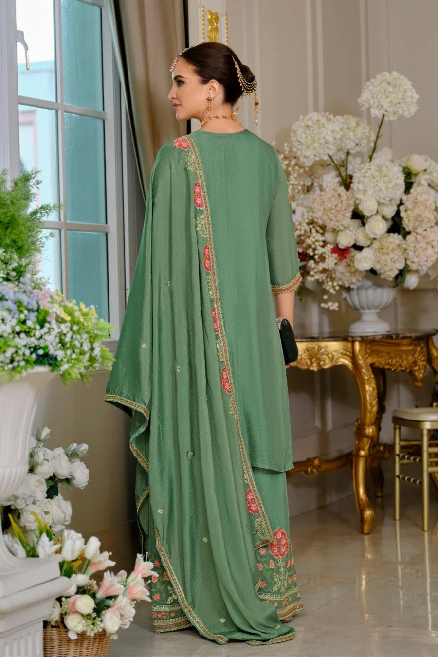 Evanik Luxury Wedding Sea Green Embroidered Kurta Palazzo Set