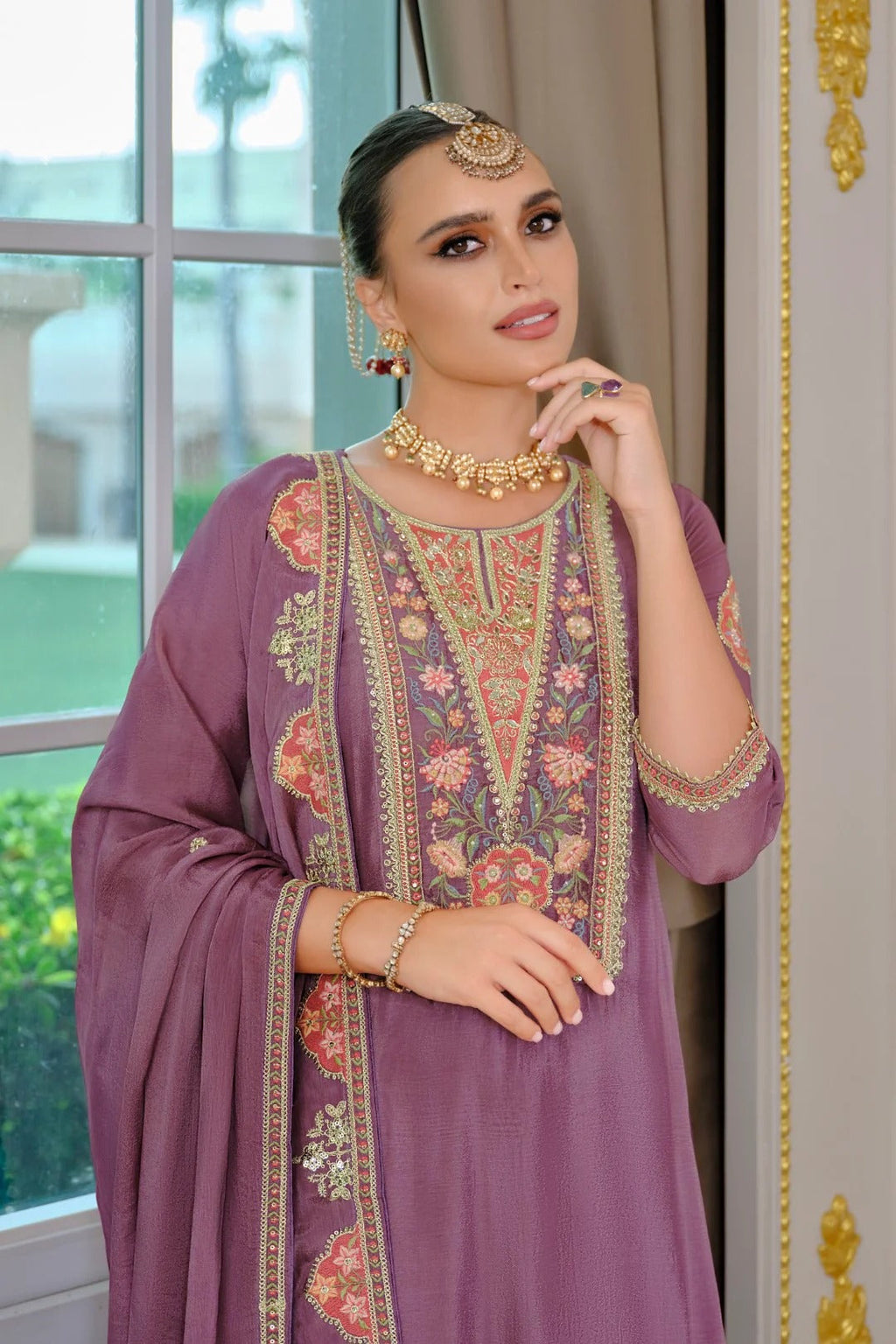 Evanik Luxury Wedding Lavender Embroidered Kurta Palazzo Set