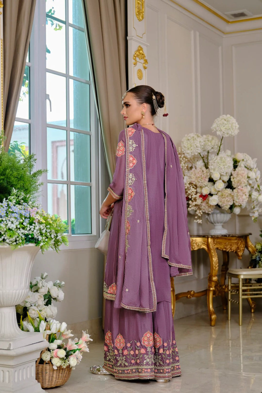 Evanik Luxury Wedding Lavender Embroidered Kurta Palazzo Set