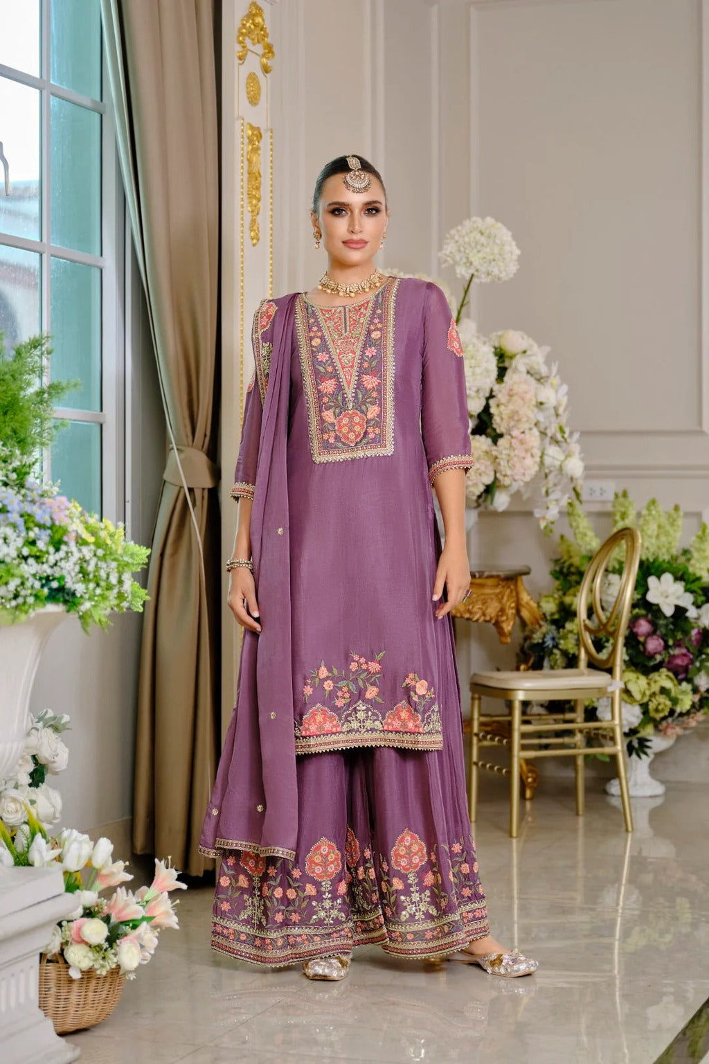 Evanik Luxury Wedding Lavender Embroidered Kurta Palazzo Set