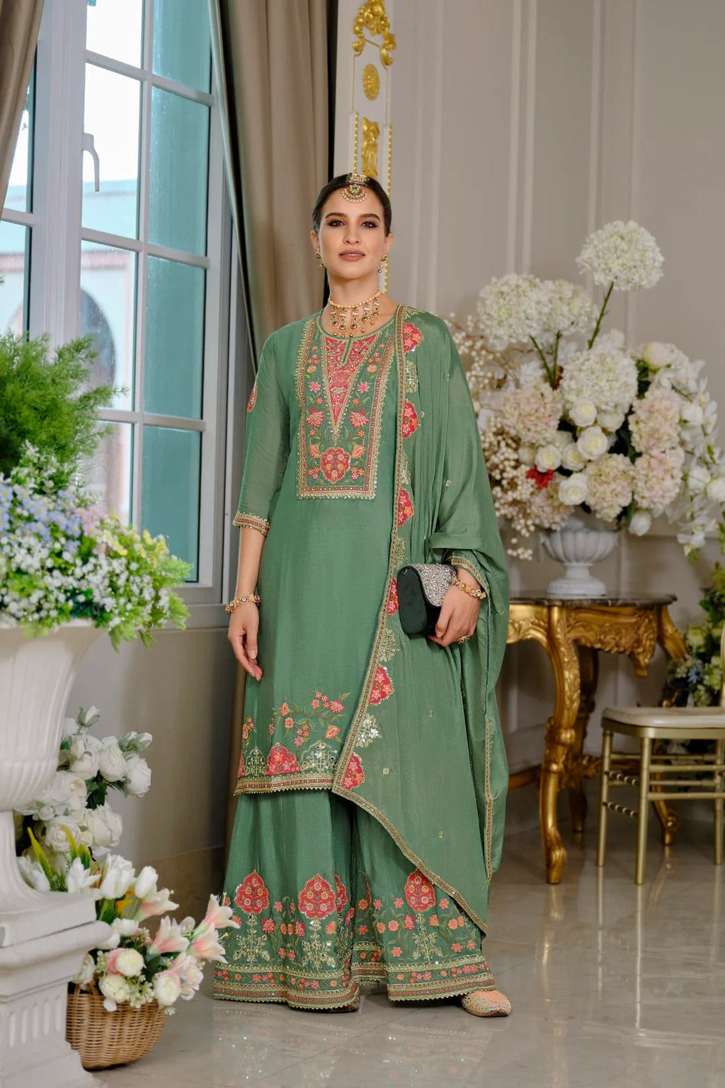 Evanik Luxury Wedding Sea Green Embroidered Kurta Palazzo Set
