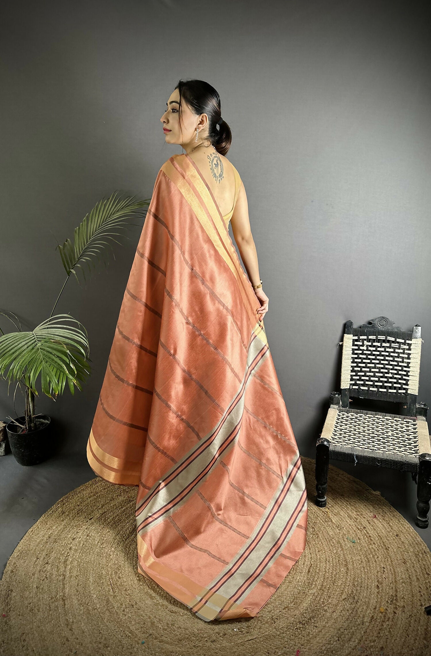Joban Fashion Peach Woven Pattern Raw Silk Kanjivaram Silk Saree